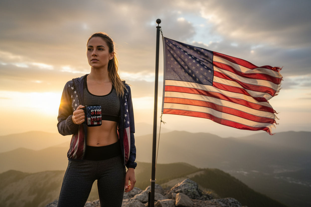 A woman holding a mug that says Stronger Than Yesterday with an American flag on a mountain with a sunset background.