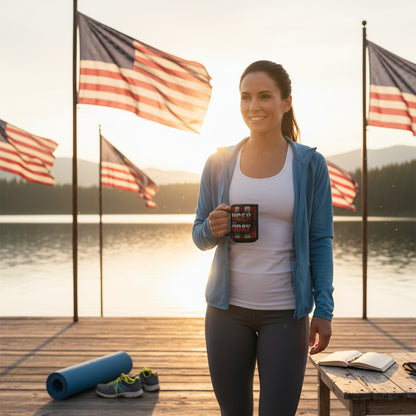 A woman holding a mug that says Stronger Than Yesterday with American flags and a lake in the background.