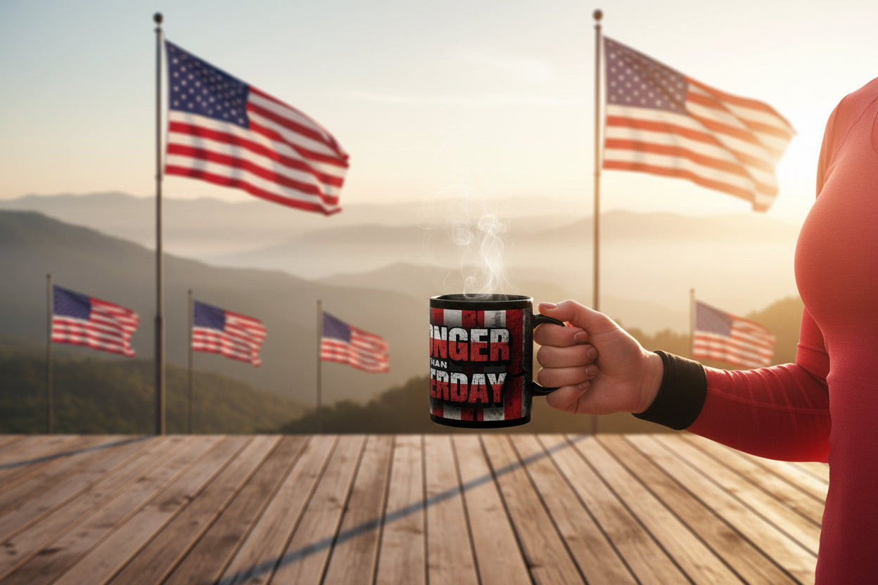 Black mug with a red, white, and blue text design that says Stronger Than Yesterday up against a vintage American flag background.