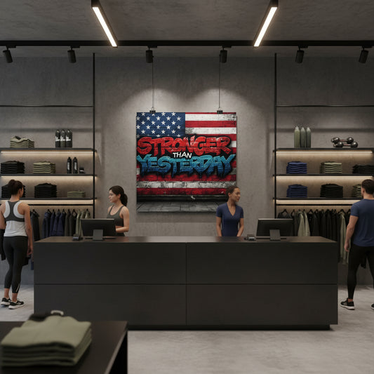 American flag backdrop with 'Stronger Than Yesterday' text on a wall art poster.