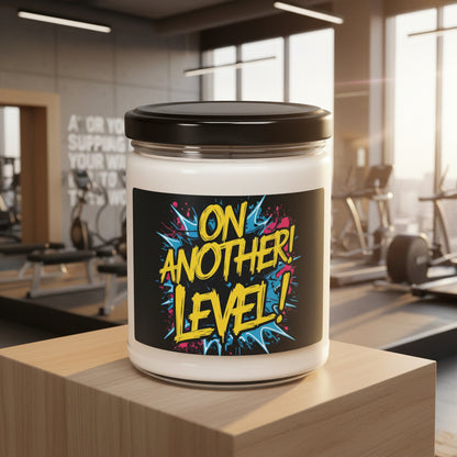 Candle with 'On Another Level!' label in a gym setting.