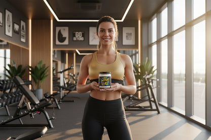 Woman holding an On Another Level! candle in a gym setting.