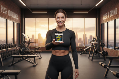 Woman holding an On Another Level! candle container in a gym with a cityscape view.