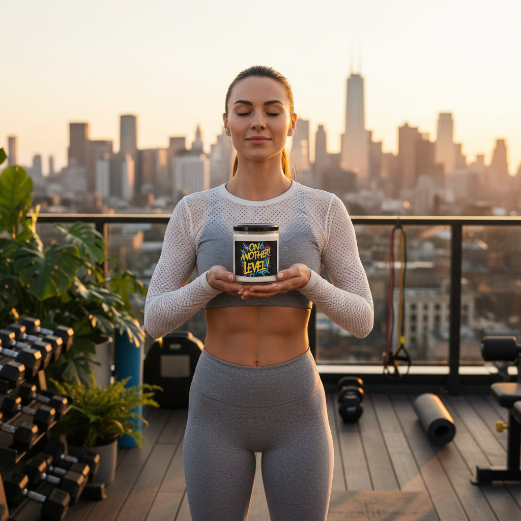 Woman holding a On Another Level! candle container on a rooftop with city skyline in the background.