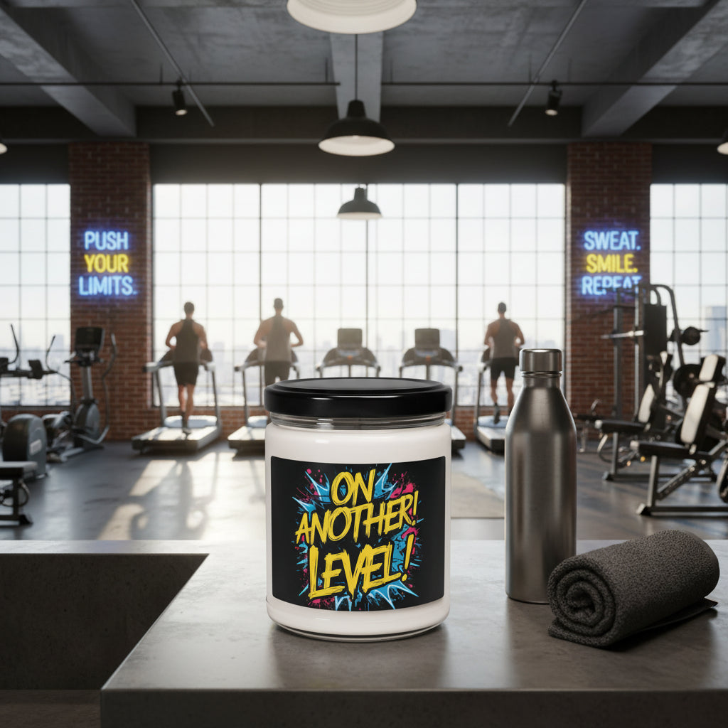 9 oz Candle with 'On Another Level!' text in a gym setting.