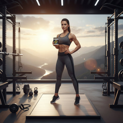 Woman in athletic wear holding an On Another Level! candle in a gym with a scenic view.