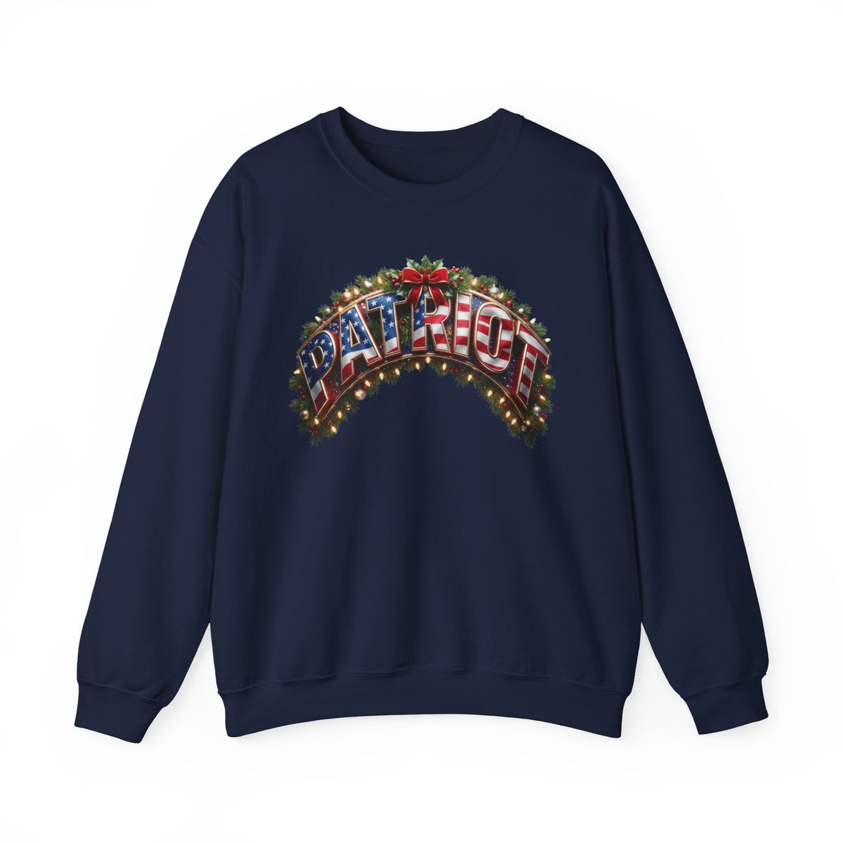 A navy blue patriotic Christmas crewneck sweatshirt featuring a large graphic on the chest that reads 'PATRIOT' in an arched, American flag-themed design with red, white, and blue colors and green pine branches.