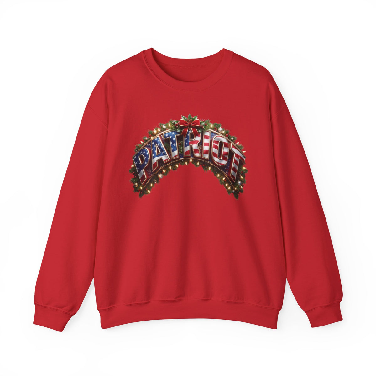A red crewneck sweatshirt featuring a festive graphic on the chest with the word 'PATRIOT' styled in an American flag pattern and decorated with Christmas lights and a red bow.