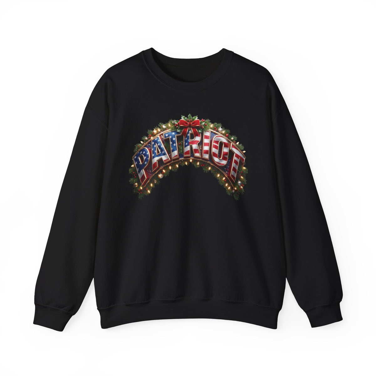 A black patriotic Christmas crewneck sweatshirt featuring a large graphic on the chest that reads 'PATRIOT' in an arched, American flag-themed design with red, white, and blue colors and green pine branches.