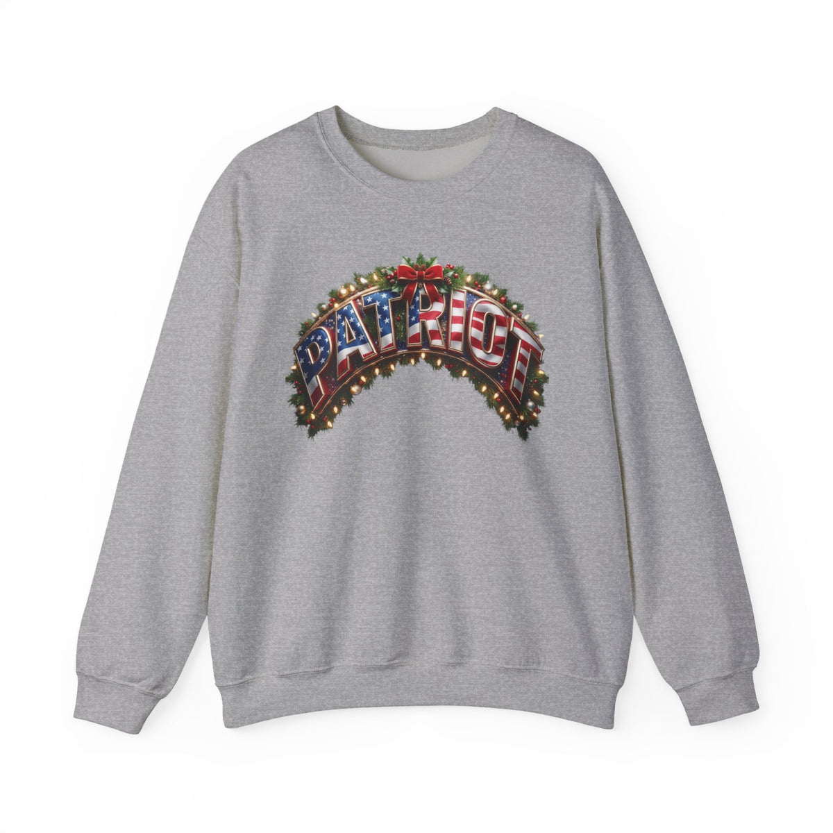 A gray patriotic Christmas crewneck sweatshirt featuring a festive 'PATRIOT' graphic on the chest, styled with an American flag pattern and holiday lights and pinecones.