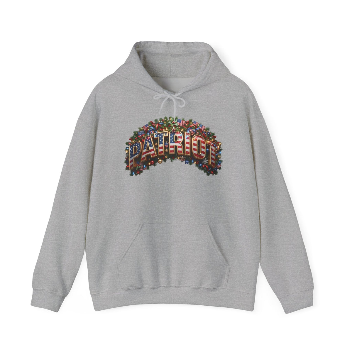 Gray hoodie with a festive patriotic graphic and 'PATRIOT' text against a white background.