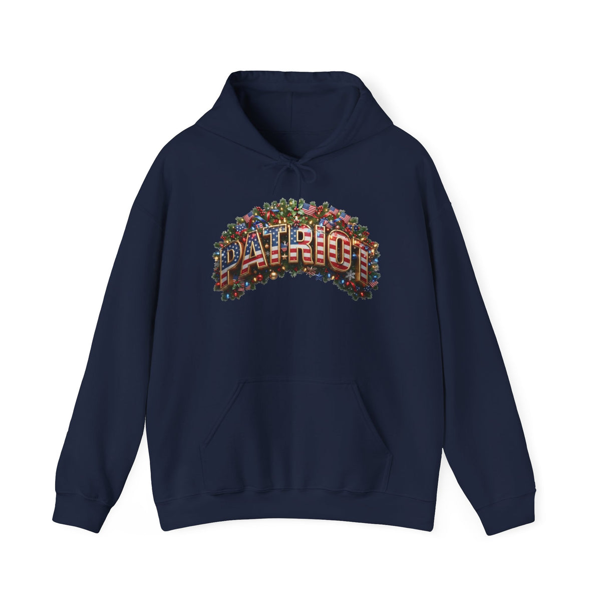 Navy blue hoodie with a festive PATRIOT graphic design against a white background.