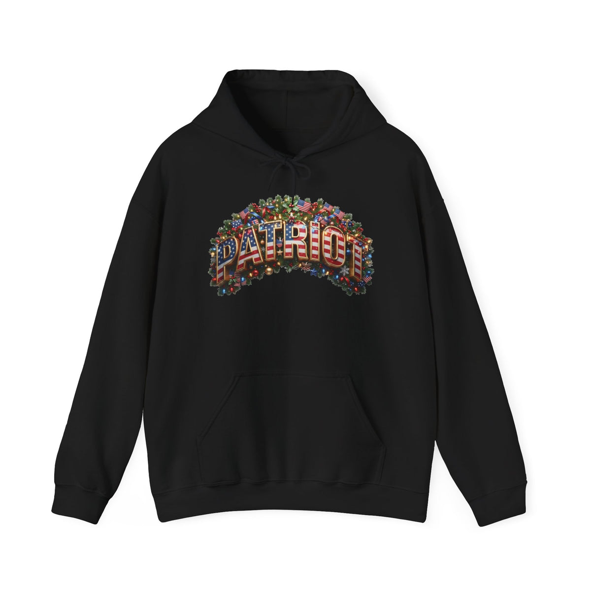 Black hoodie with patriotic Christmas design against a white background.