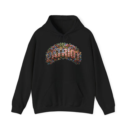 Black hoodie with patriotic Christmas design against a white background.