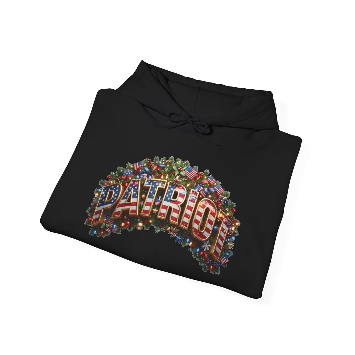 A folded black hoodie on a white background, featuring a festive graphic on the front with the word 'PATRIOT' in red, white, and blue letters surrounded by Christmas lights and ornaments.