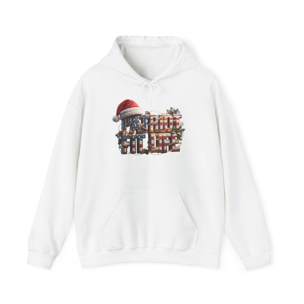 A white pullover hoodie with a festive Christmas graphic on the chest. The graphic features the words PATRIOT FIT LIFE in stacked red, white, and blue text, topped with a red Santa hat, and decorated with green pine branches.