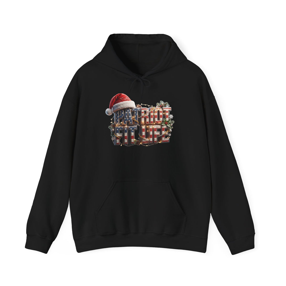 Black hoodie with a Christmas PATRIOT FIT LIFE graphic design against a white background.