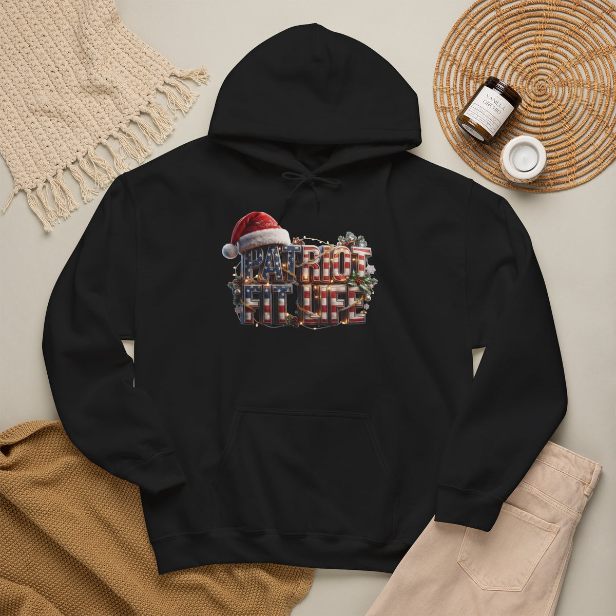 Patriot Fit Life Christmas Hoodie - Santa Hat Flag Lettering | Unisex S-5XL