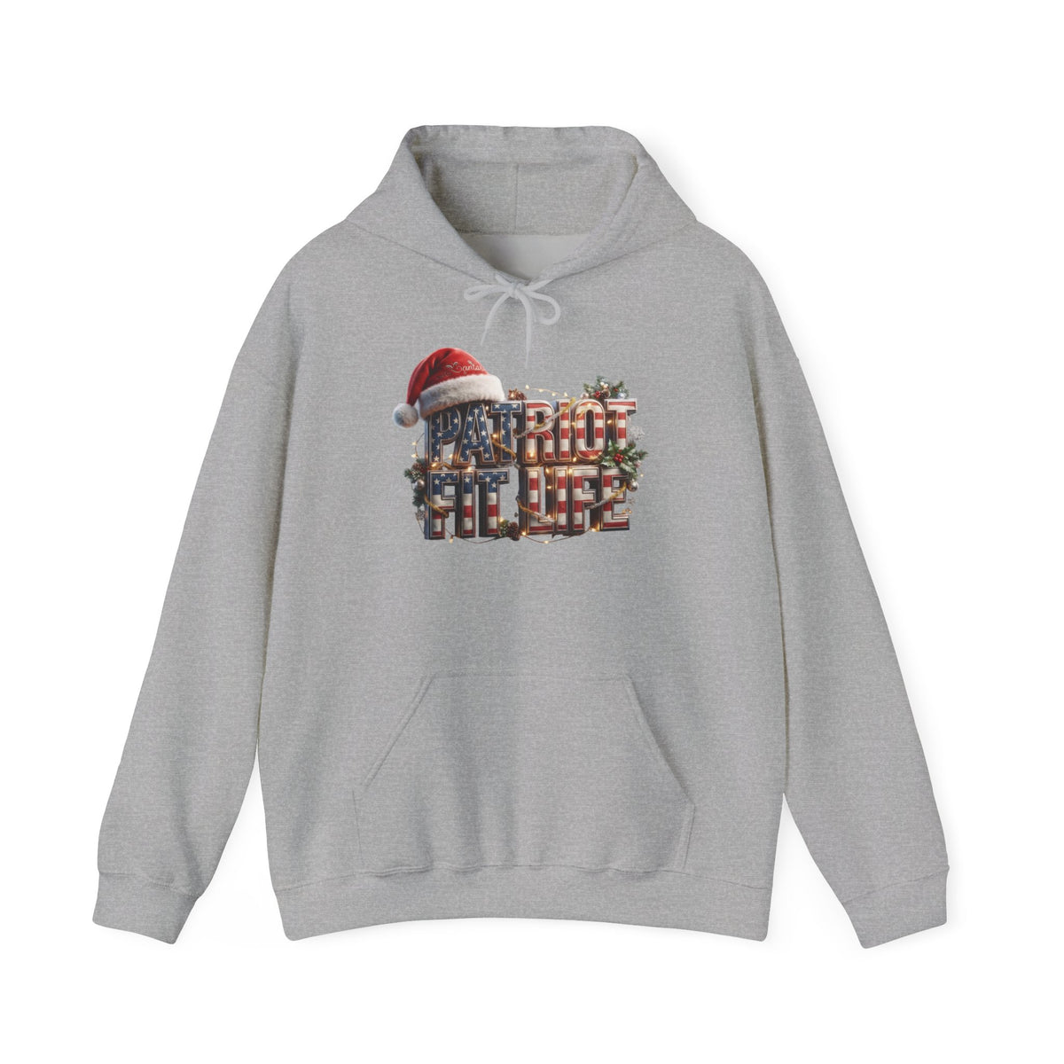 A light gray heather pullover hoodie with a festive Christmas-themed graphic on the chest. The graphic features the text 'PATRIOT FIT LIFE' in an American flag pattern styled with red, white, and blue, a red Santa hat, and green pine branches.