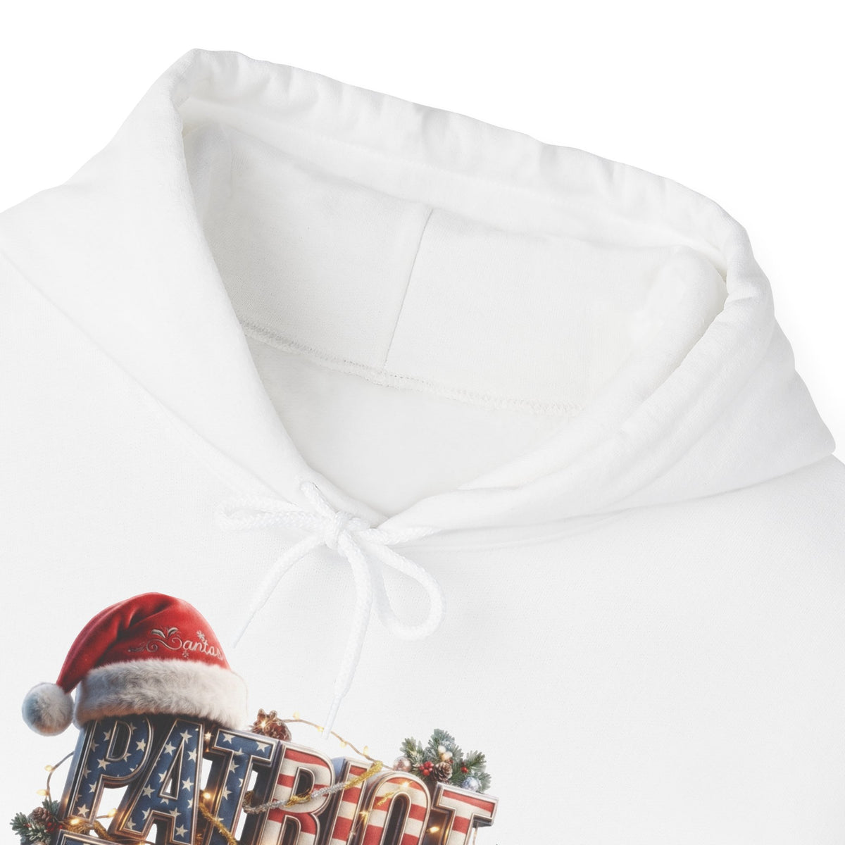 Close-up of a white pullover hoodie with a drawstring hood, featuring a festive graphic at the lower left that includes a red Santa hat and the word 'PATRIOT' over a flag-patterned background.