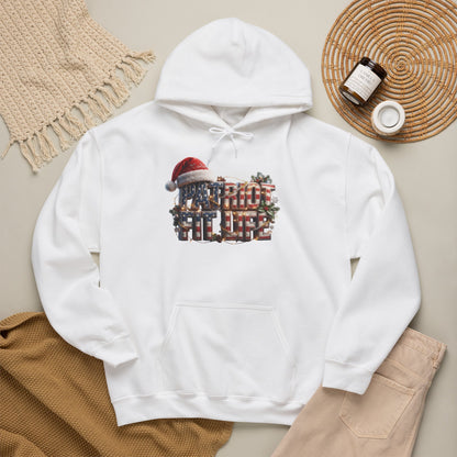 A white pullover hoodie laid flat with a festive chest graphic reading 'PATRIOT FIT LIFE' in an American flag pattern of red, white, and blue letters with a Santa hat.