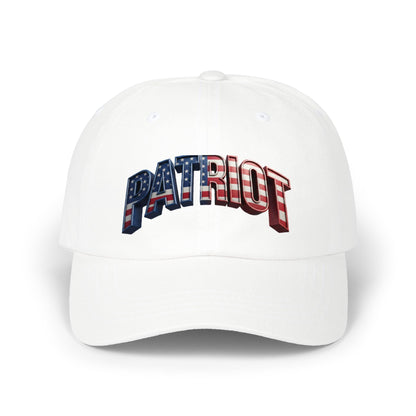 A white baseball cap featuring the word 'PATRIOT' across the front in an arched, 3D block font with an American flag pattern of red and white stripes and a blue field with white stars.