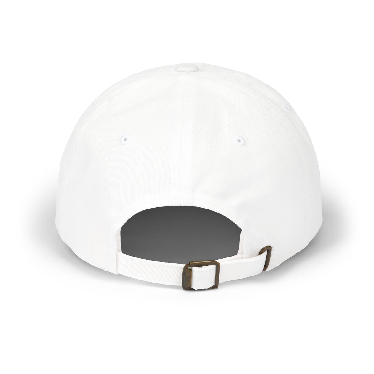 White baseball cap with a brown buckle on a white background.