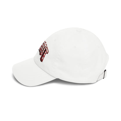 The side view of a white PATRIOT baseball cap, shown against a plain white background.