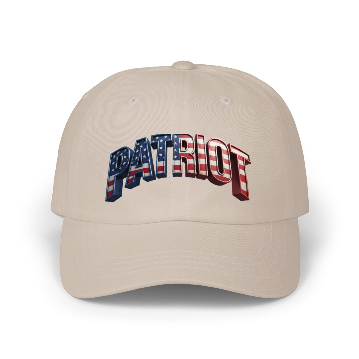 A beige baseball cap featuring the word 'PATRIOT' across the front in an arched, 3D block font filled with an American flag pattern of red and white stripes and blue with white stars.