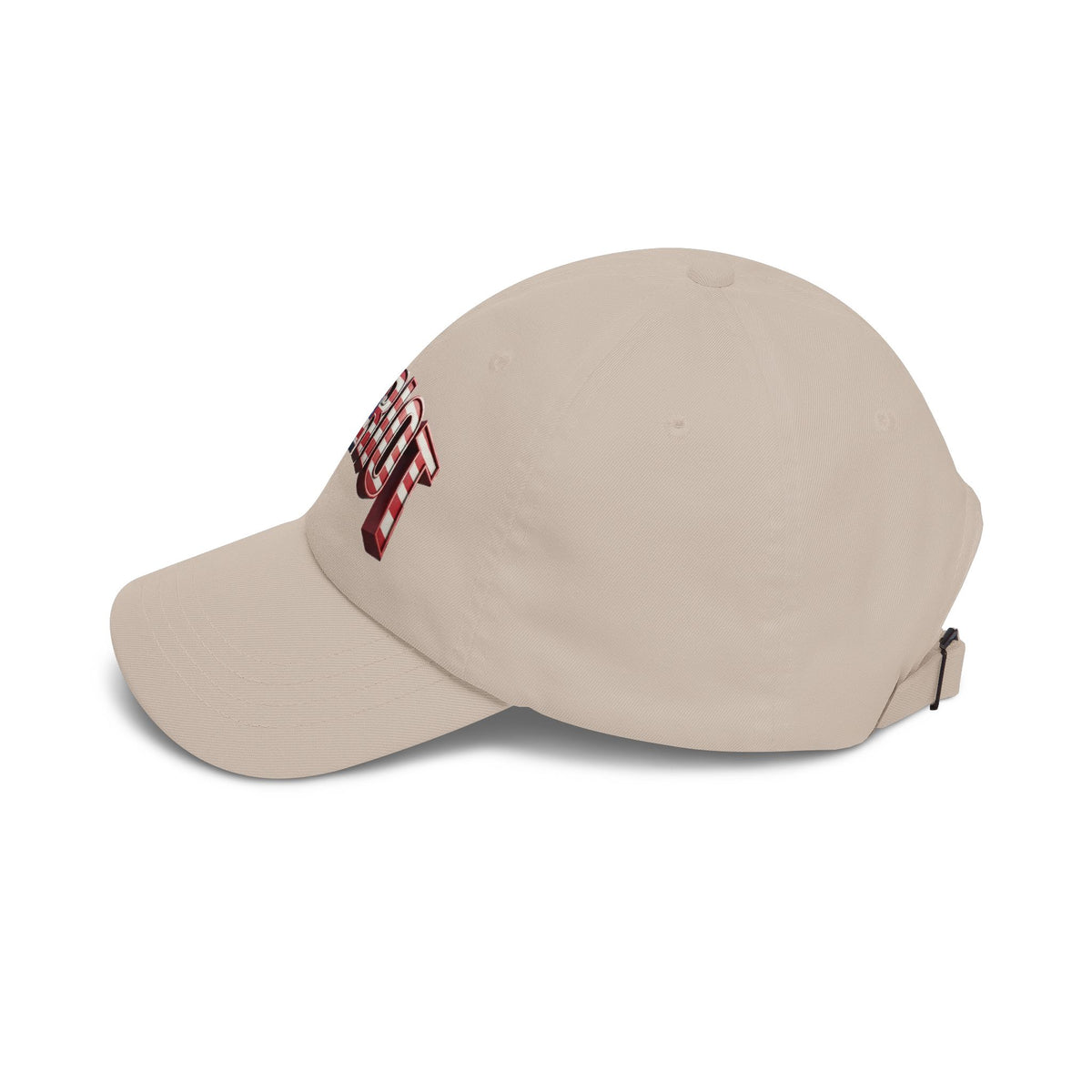 A beige baseball cap shown from a three-quarters angle on a white background, featuring a red and white striped embroidered logo on the side.