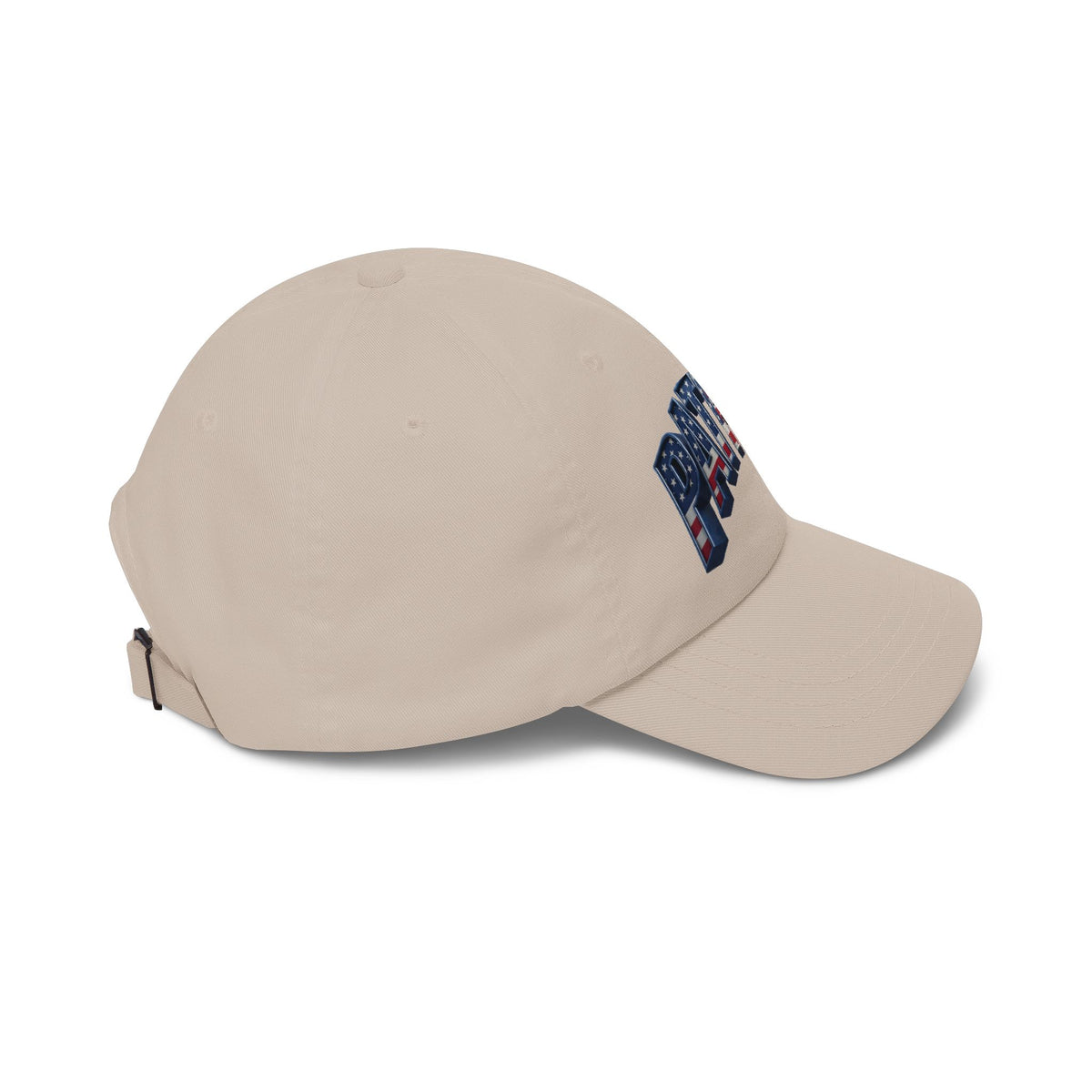 Side view of a beige cap against a white background.
