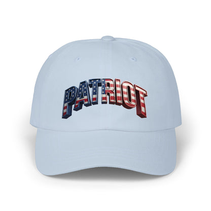 A light blue baseball cap featuring the word 'PATRIOT' across the front in a 3D block font filled with an American flag pattern of red and white stripes and blue with white stars.