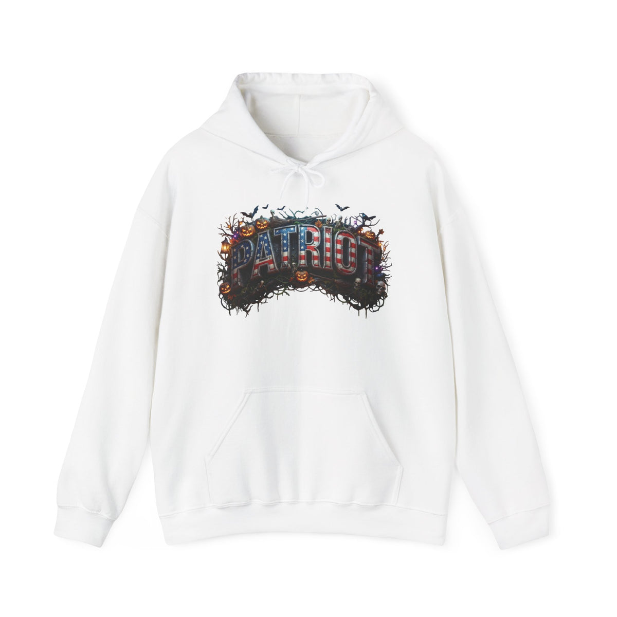 A white pullover hoodie featuring a Halloween graphic print on the chest with the word 'PATRIOT' in a 3D-effect font surrounded by pumpkins, bats, and a dark textured background.