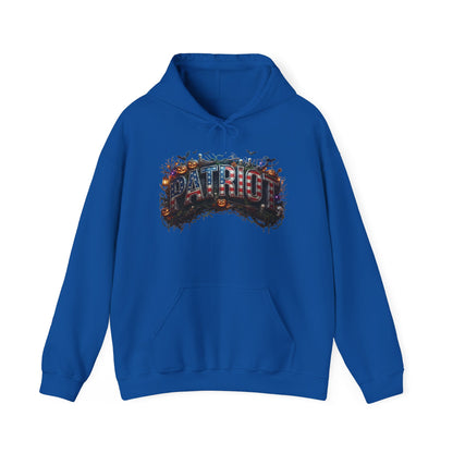Blue hoodie with 'Halloween PATRIOT' design against a white background.