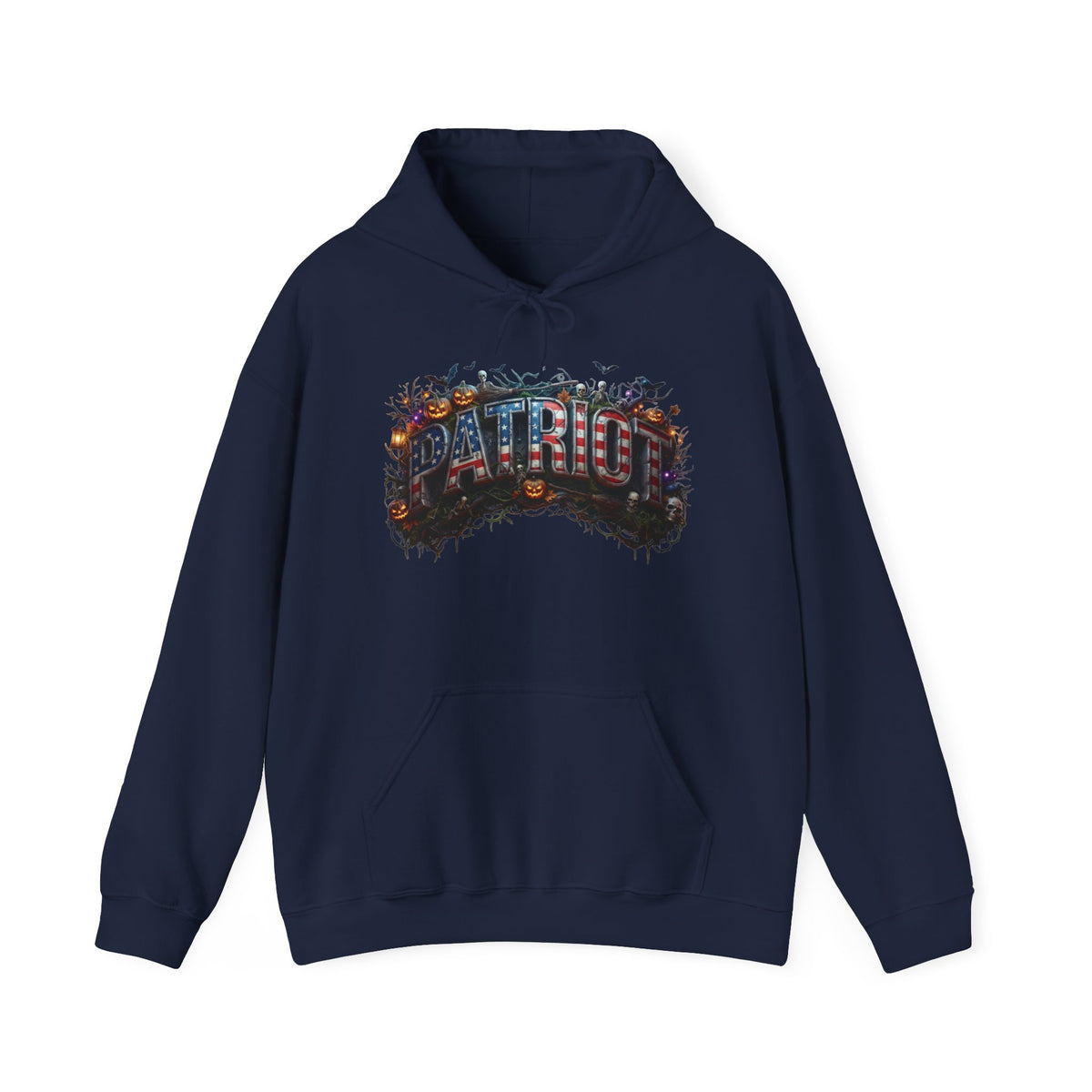 Navy blue hoodie with a Halloween PATRIOT graphic design against a white background.
