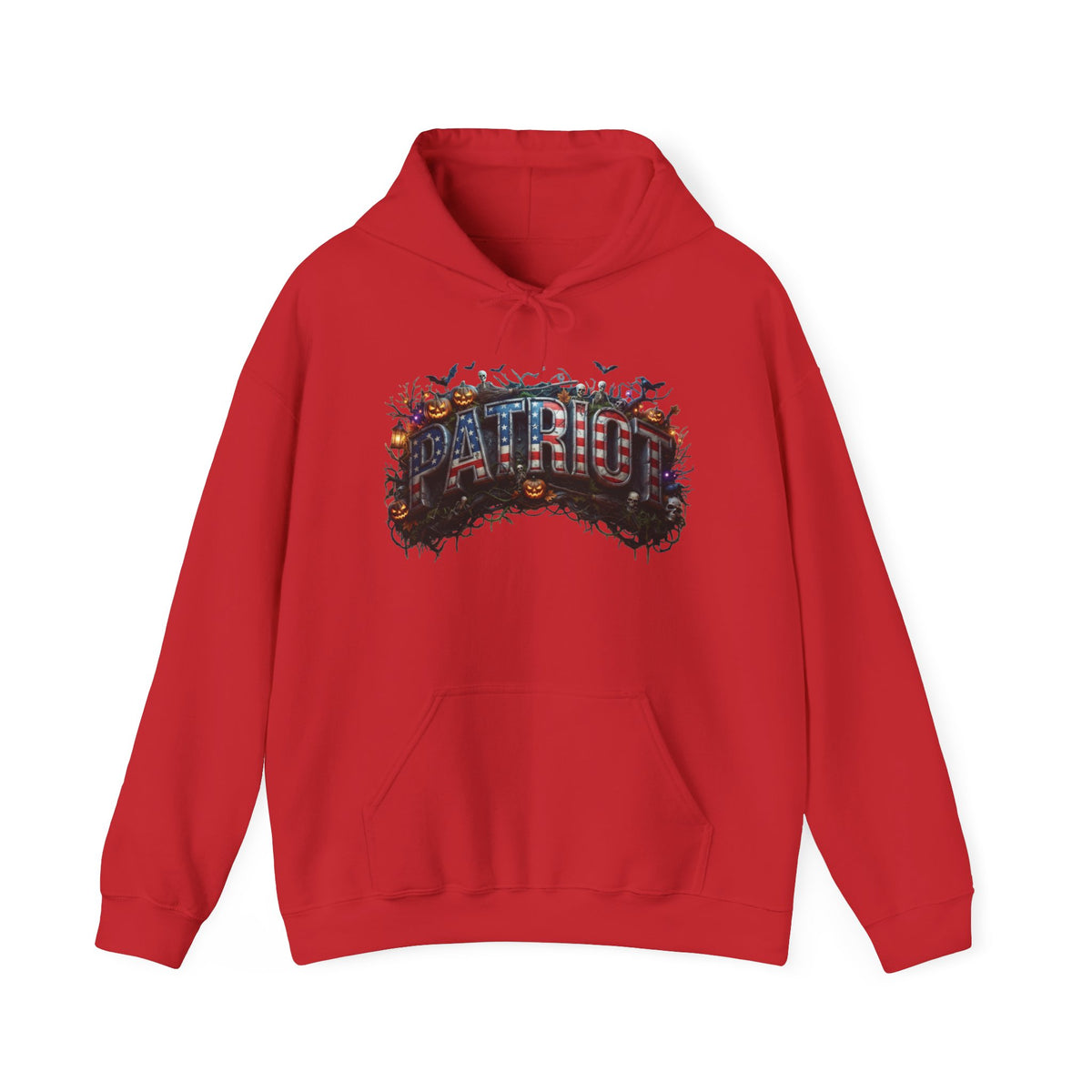Red hoodie with a Halloween PATRIOT design and text against a white background.