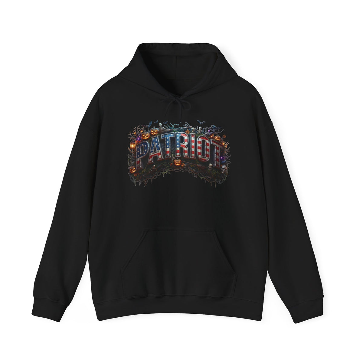 A black pullover hoodie with a Halloween PATRIOT design printed on the center chest shown against a plain white background.