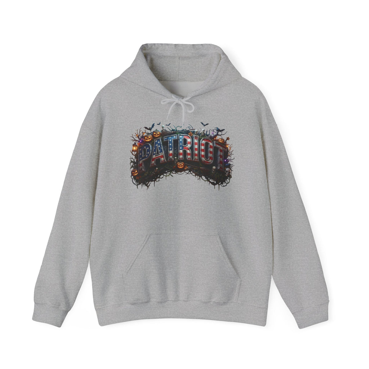 Gray hoodie with a Halloween PATRIOT design against a white background.