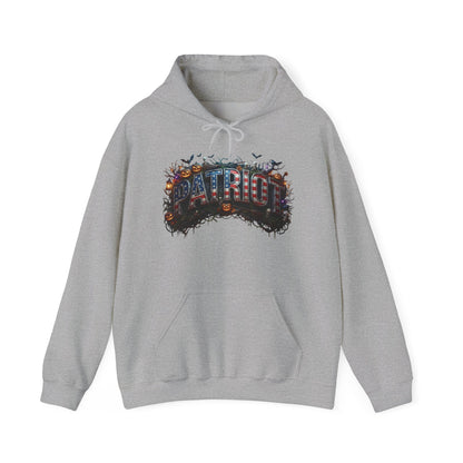 Gray hoodie with a Halloween PATRIOT design against a white background.