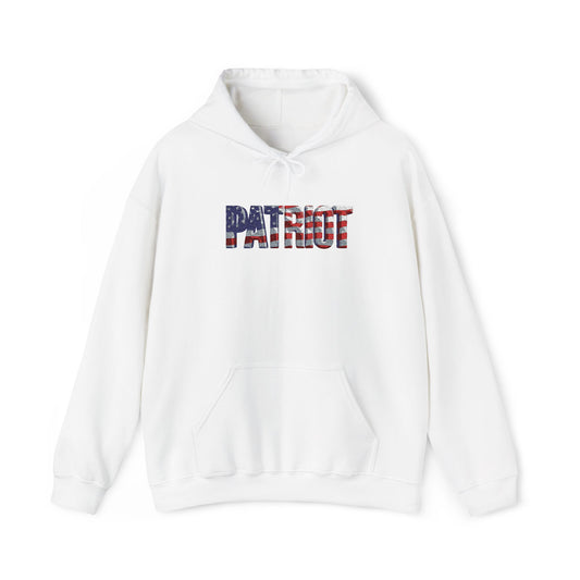 A white pullover hoodie with a front kangaroo pocket and a drawstring hood, featuring the word 'PATRIOT' embroidered across the chest in an American flag pattern of red, white, and blue stripes.