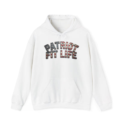 A white pullover hoodie with a front kangaroo pocket and a graphic text print reading 'PATRIOT FIT LIFE' in a distressed, multi-colored patterned font, displayed on a clean white background.
