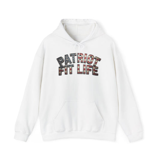 A white pullover hoodie with a front kangaroo pocket and a graphic text print reading 'PATRIOT FIT LIFE' in a distressed, multi-colored patterned font, displayed on a clean white background.