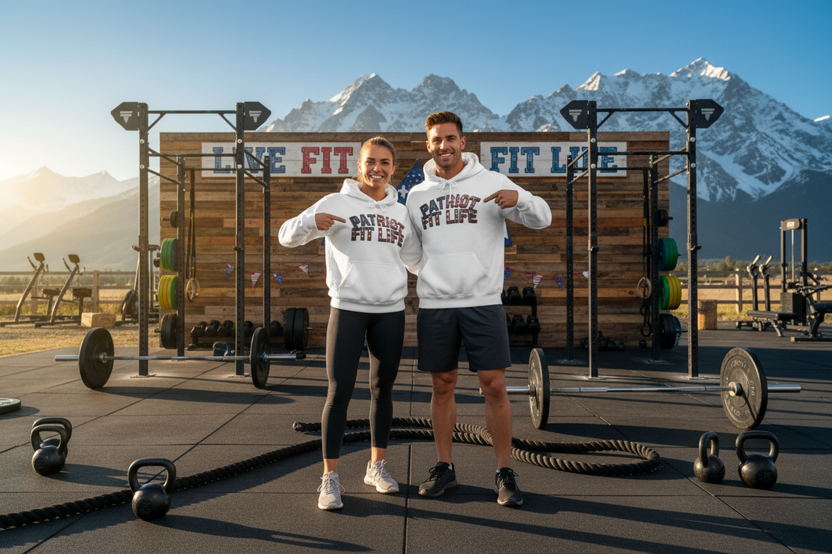 A man and a woman stand in a gym in front of a wooden wall that reads 'LIVE FIT FIT LIFE' with snowy mountains in the background. Both are wearing white hoodies with 'PATRIOT FIT LIFE' printed on the front.