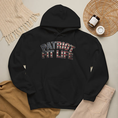 Black hoodie with the PATRIOT FIT LIFE design on a neutral background.