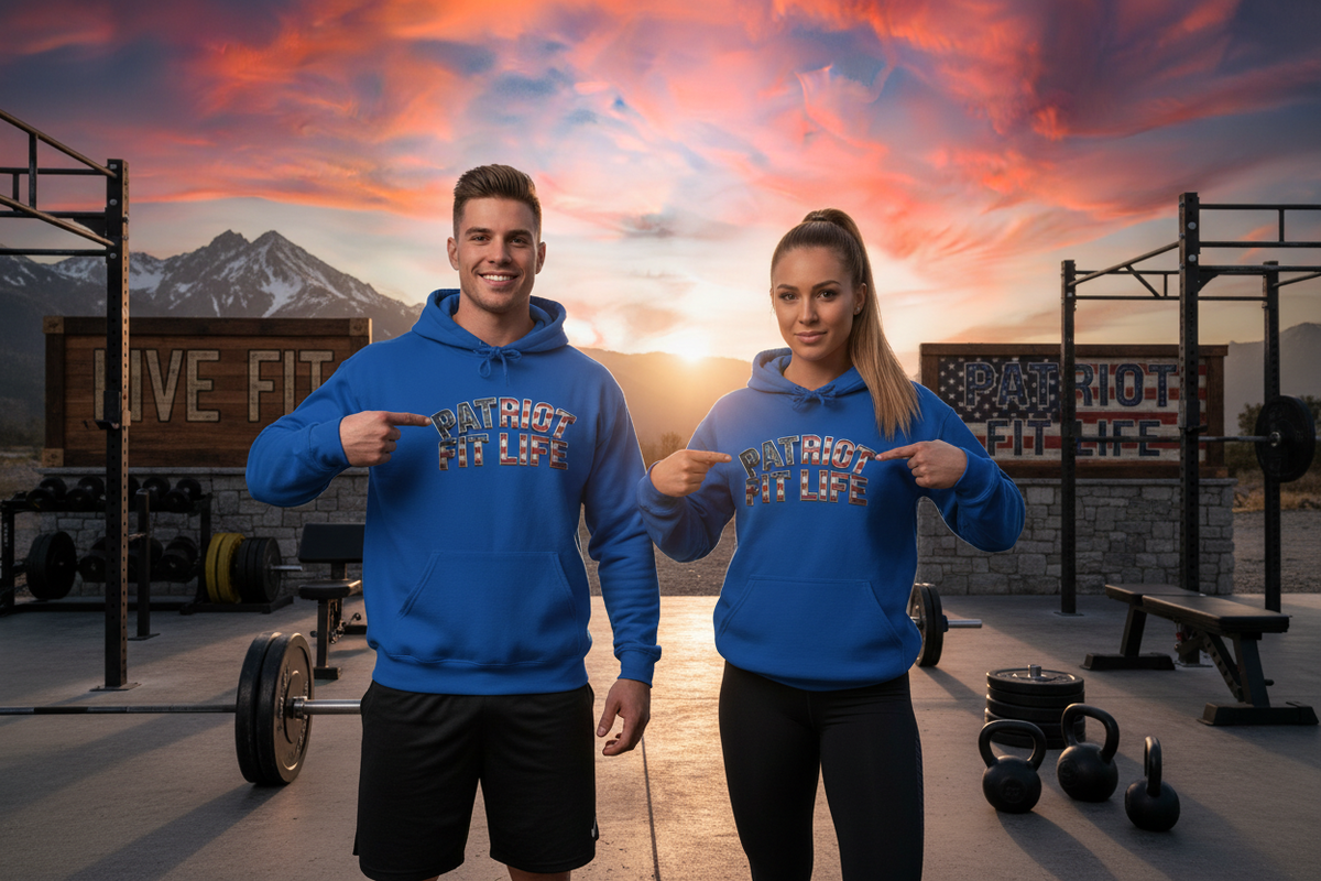 Two models wearing matching blue hoodies with a graphic that reads 'PATRIOT FIT LIFE' stand in front of a rustic outdoor gym at sunset with mountains in the background.