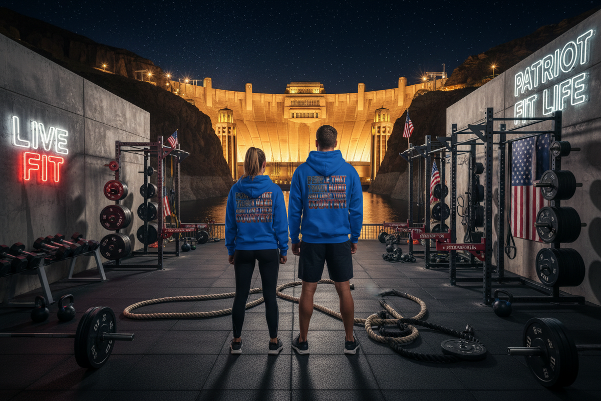 Two people standing in a gym setting with weight racks, ropes, and neon signs, facing a large illuminated dam at night. Both are wearing matching blue hoodies with back text that reads 'PEOPLE THAT TRAIN HARD AND LOVE THEIR COUNTRY'.