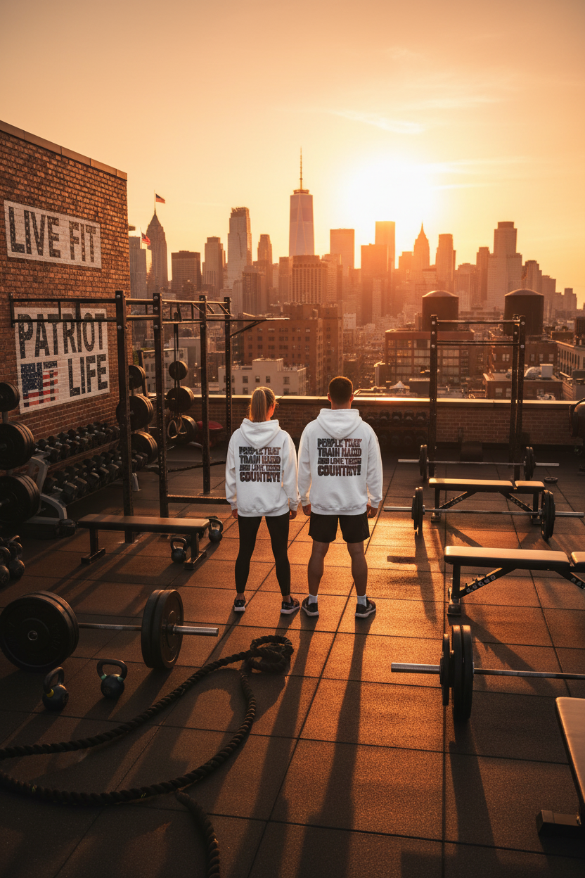 Two people standing on a rooftop gym at sunset, viewed from behind, wearing matching white hoodies with a graphic print that reads, PEOPLE THAT TRAIN HARD AND LOVE THEIR COUNTRY!. The background shows a city skyline with the sun low over the skyline, and the foreground includes weight benches, barbells, kettlebells, and battle ropes.