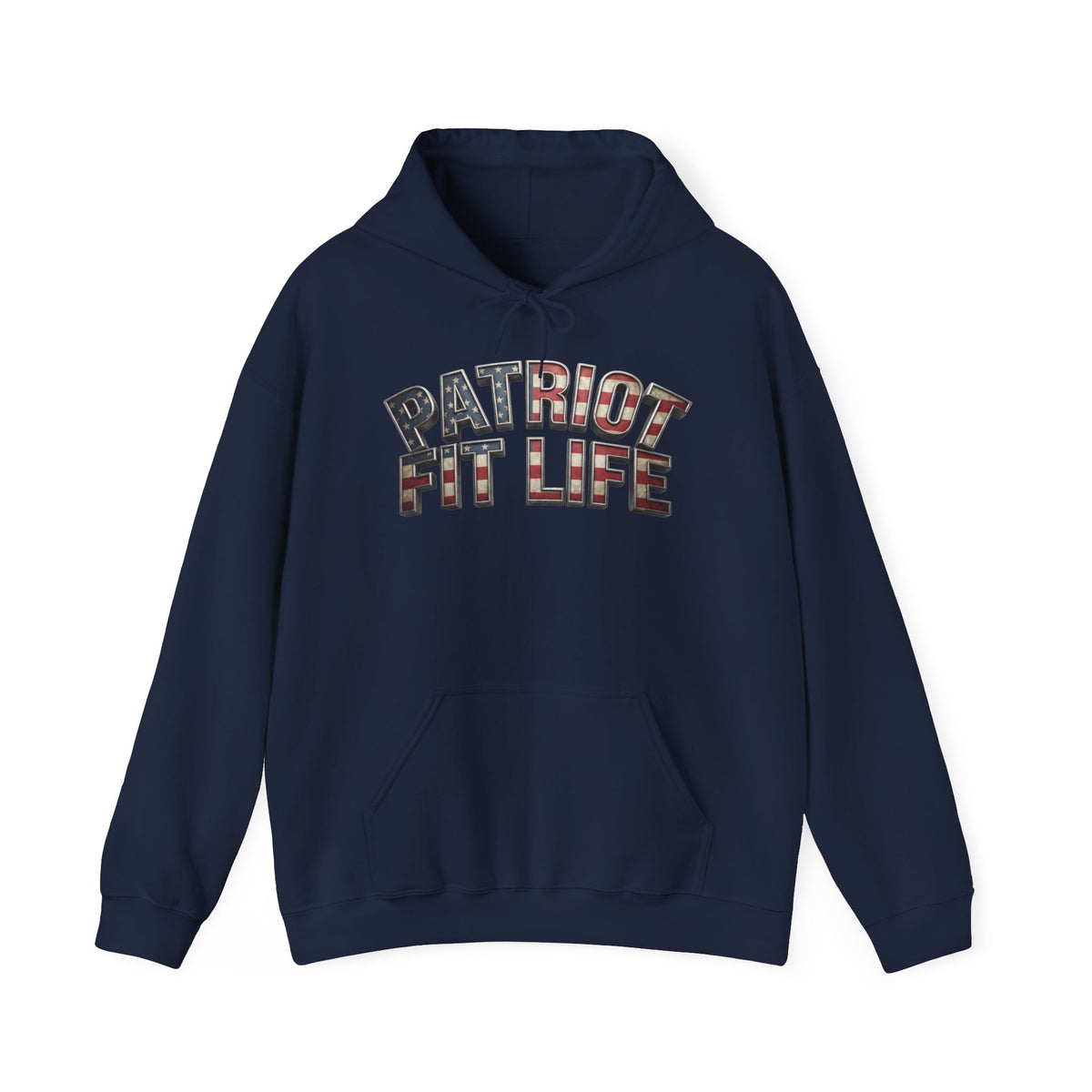 A navy blue hoodie with 'PATRIOT FIT LIFE' text against a white background.