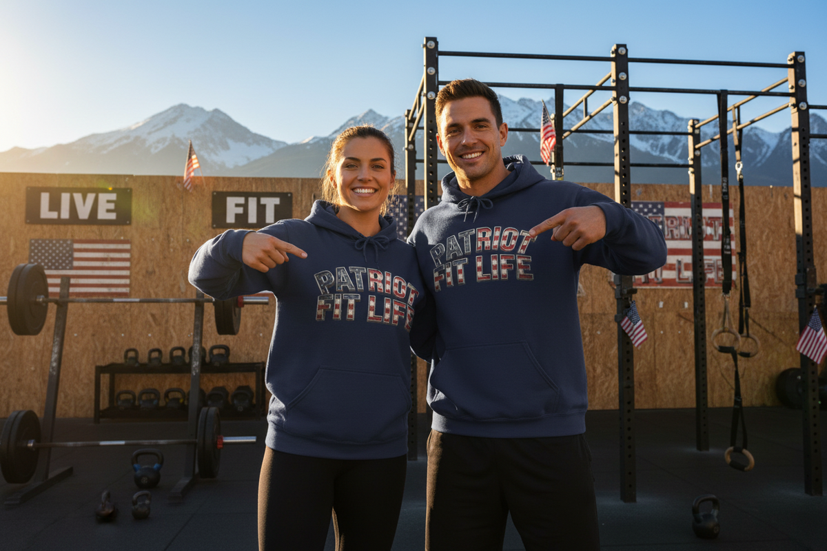 Two smiling people standing in a gym wearing matching navy blue hoodies with 'PATRIOT FIT LIFE' printed across the chest in white and red. The background shows a wooden wall with American flags, kettlebells, and mountains in the distance under a clear blue sky.