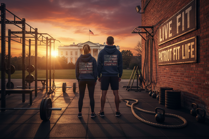 A man and a woman stand on a rooftop gym floor at sunset, facing the White House. Both wear matching navy blue hoodies with PEOPLE THAT TRAIN HARD AND LOVE THEIR COUNTRY! text on the back.